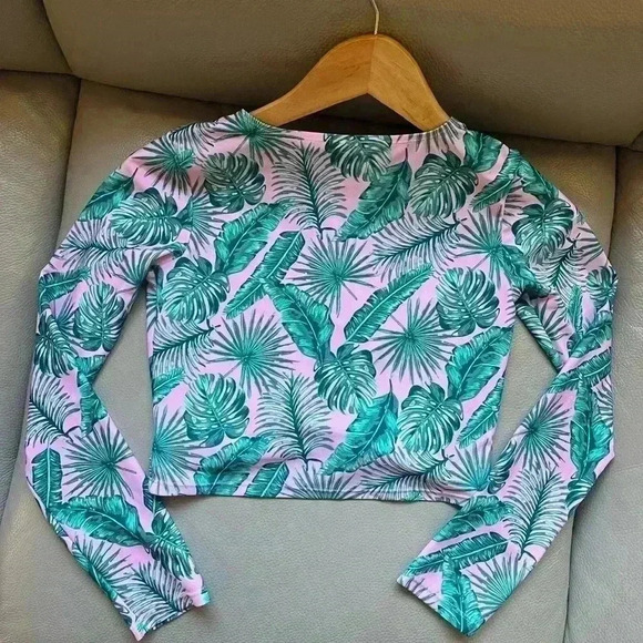 New Art Class Girls XL 14 Pink Green Tropic Leaf Twist Front Swimsuit Rash Guard - Picture 3 of 5